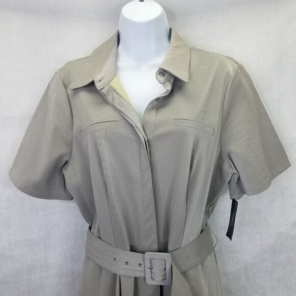 ALFANI Maxi Dress Women's 12 Gray Faux Leather Short Sleeve Belted Button Up NWT - Picture 2 of 16